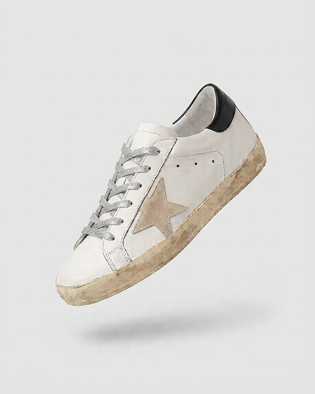 Sableau Star Sneakers in Silver Sparkle — white leather, black heel tab, silver glitter laces