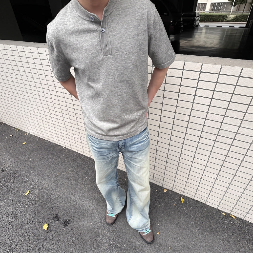 Sableau Vintage Wash Jeans in Vintage Blue, worn with a grey polo