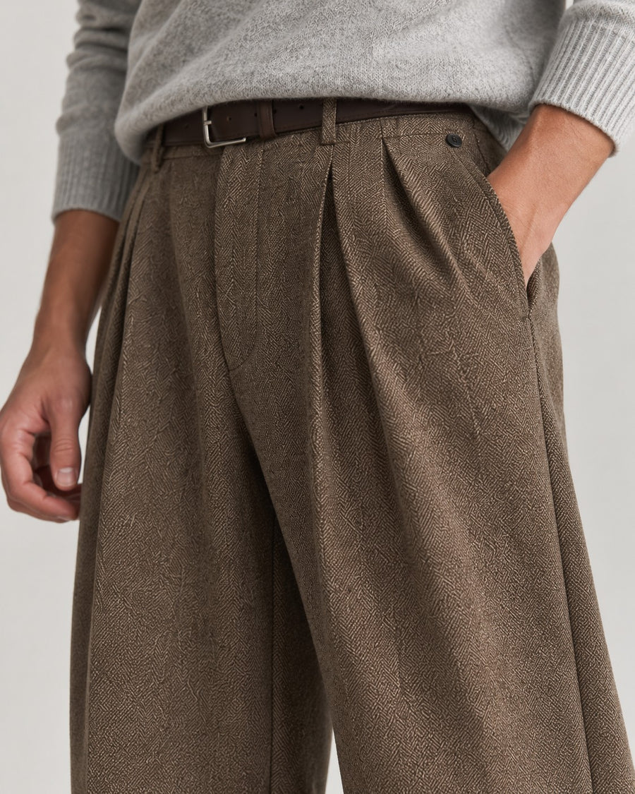 Sableau Pleated Wool-Look Trousers in Brown