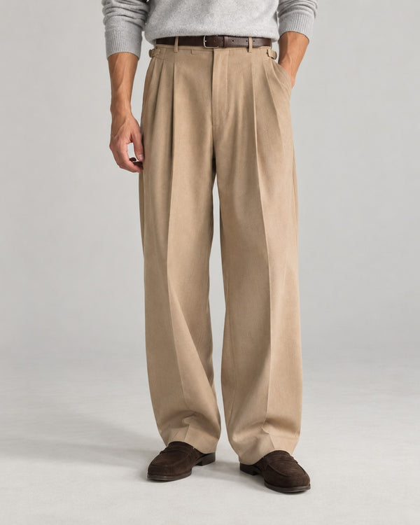 Sableau Buckle-Tab Pleated Trousers in Beige