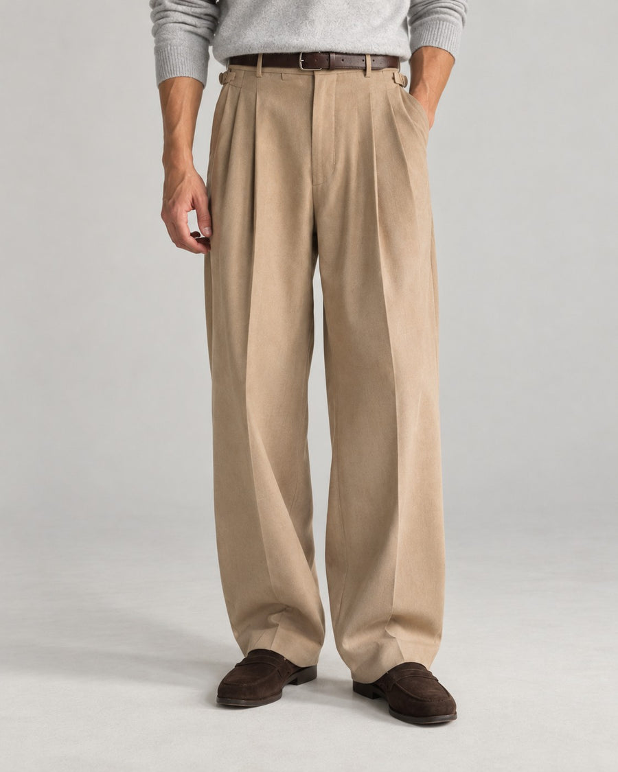 Sableau Buckle-Tab Pleated Trousers in Beige