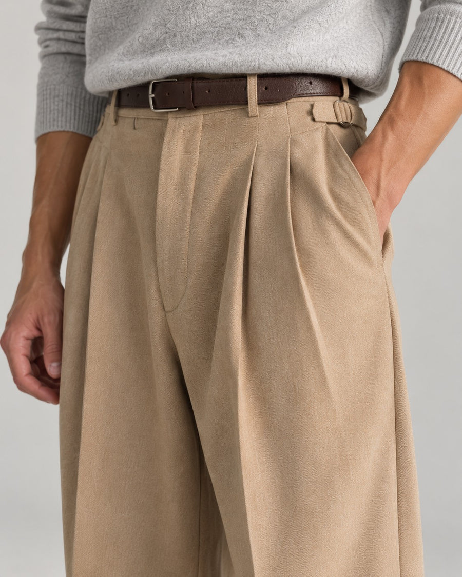 Sableau Buckle-Tab Pleated Trousers in Beige