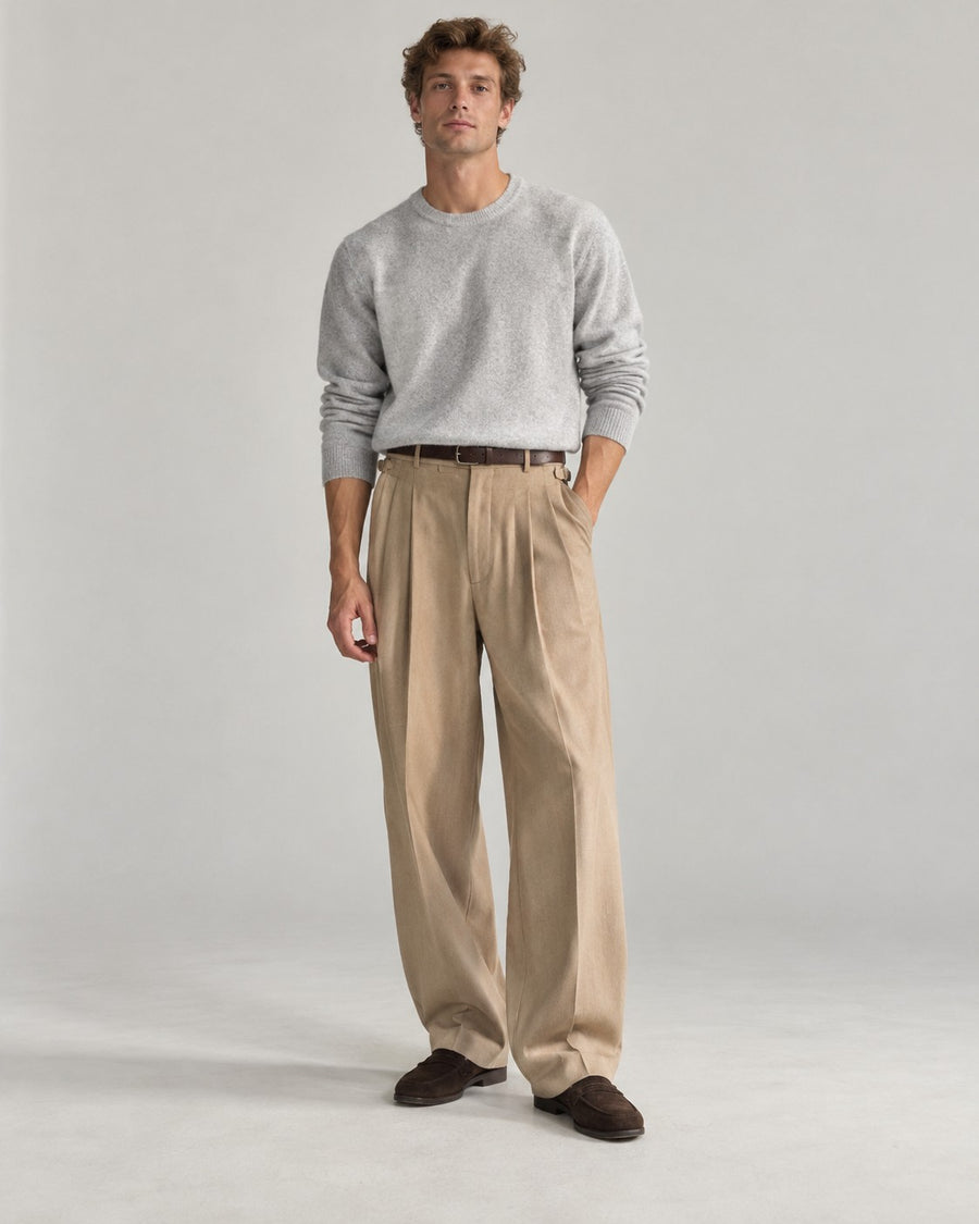Sableau Buckle-Tab Pleated Trousers in Beige