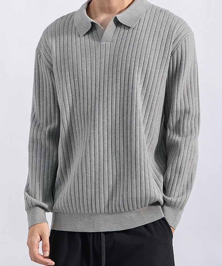 Sableau Ribbed Long-Sleeve Knit Polo in Light Grey