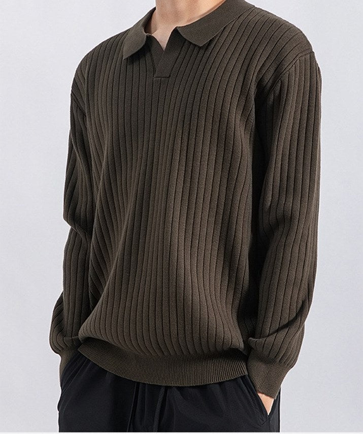 Sableau Ribbed Long-Sleeve Knit Polo in Army Green