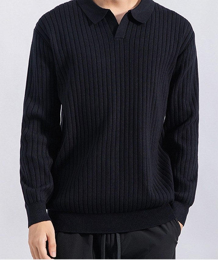 Sableau Ribbed Long-Sleeve Knit Polo in Black
